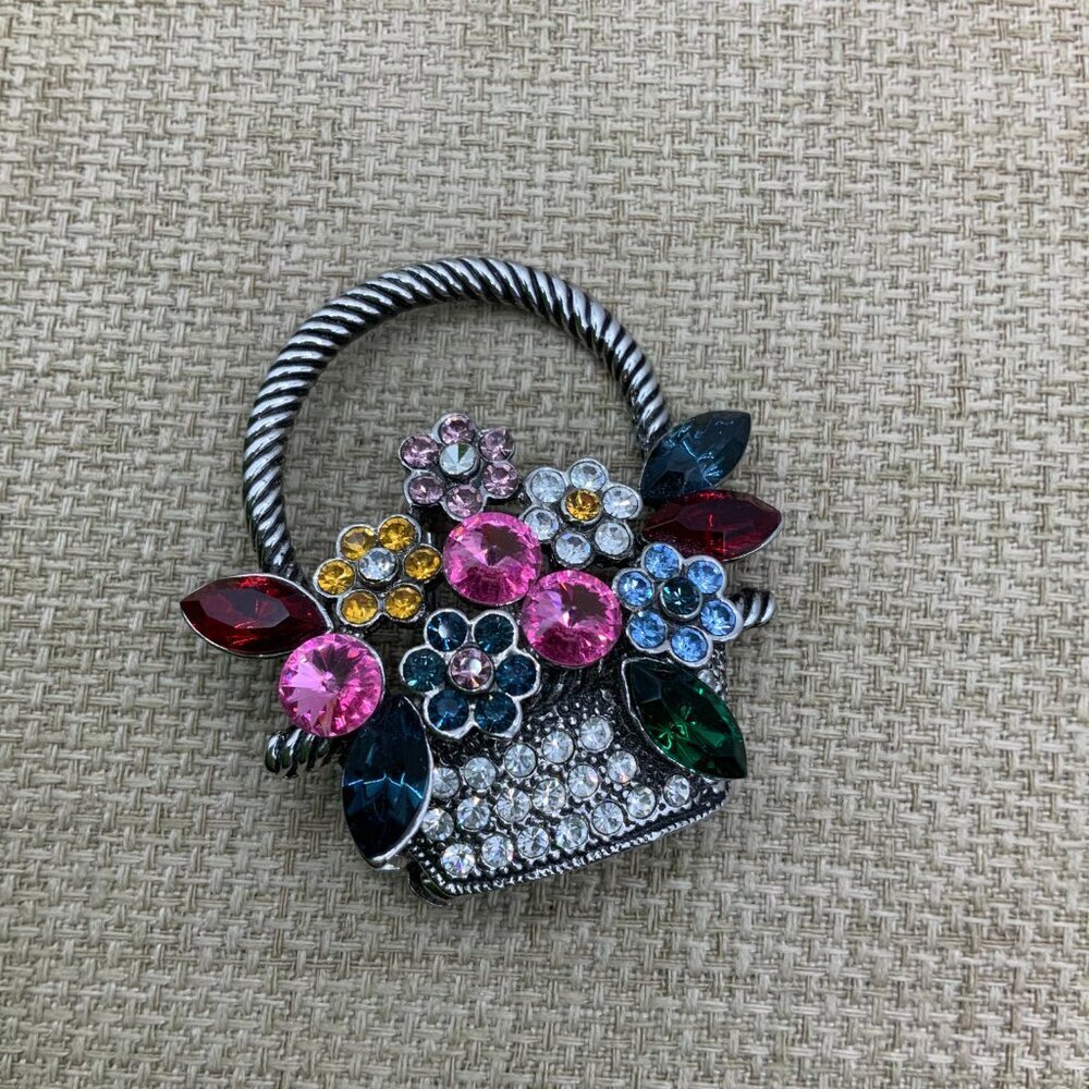 Floral Flowers Basket Multi Colored Rhinestone Silver Tone Brooch Pin - Picture 2 of 8